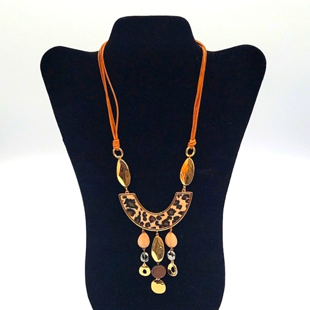 Vintage Statement Necklace Tan Faux Suede Animal Print